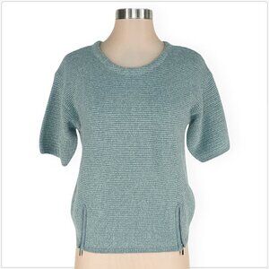Orfeo Paris Aqua Silver Metallic Knit Cropped Zipper Trim Angora Bl Sweater S/M